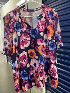 Perseption Navy Floral V-Neck Blouse with Pink, Blue & Orange Flowers